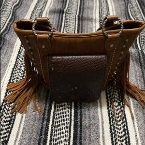 Trinity Ranch brown with turquoise studs shoulder purse with concealed pocket